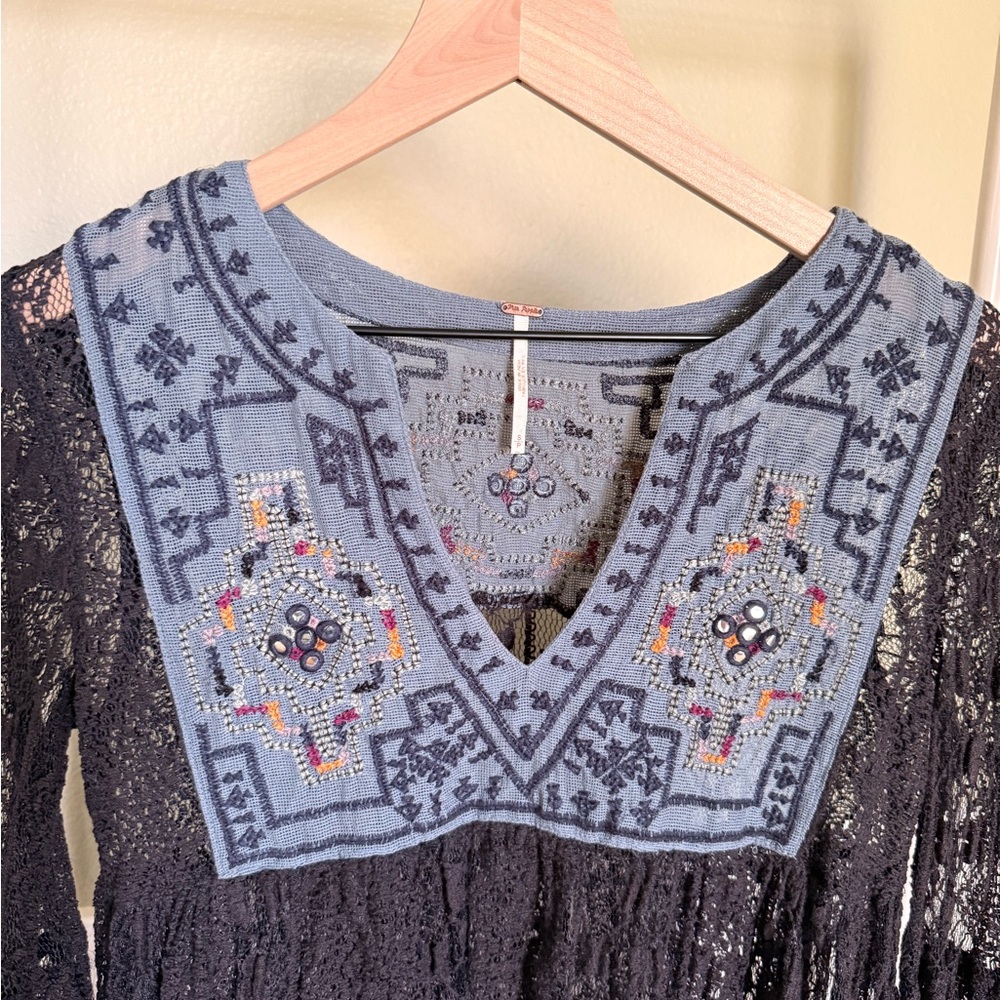 Free People Black Lace Blouse with Blue Embroidery - Picture 6 of 7